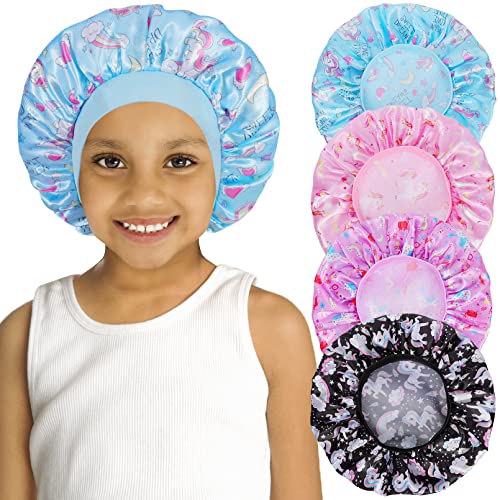 4 PCS Kids Satin Bonnet Child Sleeping Cap,Soft Silk Bonnet Elastic Wide Band,Breathable Baby Bonnets Night Sleep Caps,Colorful Night Hats Satin Cap for Girls Toddler Teens Natural Hair (Unicorn)