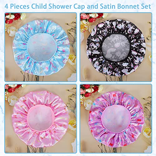 4 PCS Kids Satin Bonnet Child Sleeping Cap,Soft Silk Bonnet Elastic Wide Band,Breathable Baby Bonnets Night Sleep Caps,Colorful Night Hats Satin Cap for Girls Toddler Teens Natural Hair (Unicorn)