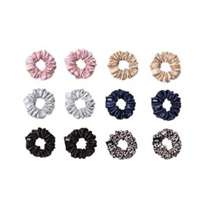 Slip Silk Pure Silk Minnie Scrunchies - Classic - 100% Pure 22 Momme Mulberry Silk Scrunchies for Women - Hair-Friendly Scrunchies Set in Pink, Caramel, Silver, Navy, Leopard & Black (12 Scrunchies)