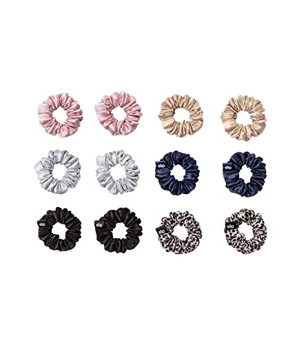 Slip Silk Pure Silk Minnie Scrunchies - Classic - 100% Pure 22 Momme Mulberry Silk Scrunchies for Women - Hair-Friendly Scrunchies Set in Pink, Caramel, Silver, Navy, Leopard & Black (12 Scrunchies)