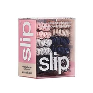 Slip Silk Pure Silk Minnie Scrunchies - Classic - 100% Pure 22 Momme Mulberry Silk Scrunchies for Women - Hair-Friendly Scrunchies Set in Pink, Caramel, Silver, Navy, Leopard & Black (12 Scrunchies)