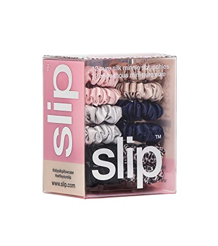 Slip Silk Pure Silk Minnie Scrunchies - Classic - 100% Pure 22 Momme Mulberry Silk Scrunchies for Women - Hair-Friendly Scrunchies Set in Pink, Caramel, Silver, Navy, Leopard & Black (12 Scrunchies)