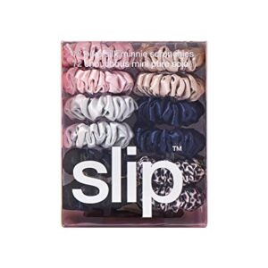 Slip Silk Pure Silk Minnie Scrunchies - Classic - 100% Pure 22 Momme Mulberry Silk Scrunchies for Women - Hair-Friendly Scrunchies Set in Pink, Caramel, Silver, Navy, Leopard & Black (12 Scrunchies)