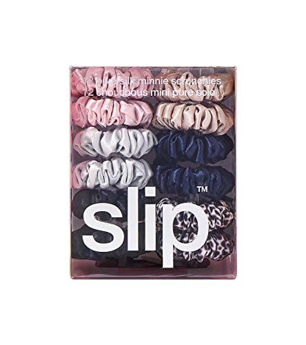 Slip Silk Pure Silk Minnie Scrunchies - Classic - 100% Pure 22 Momme Mulberry Silk Scrunchies for Women - Hair-Friendly Scrunchies Set in Pink, Caramel, Silver, Navy, Leopard & Black (12 Scrunchies)