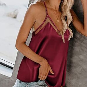 Ekouaer Satin Mesh V Neck Tank Top Women Cami Top Silk Camisole Blouse Red