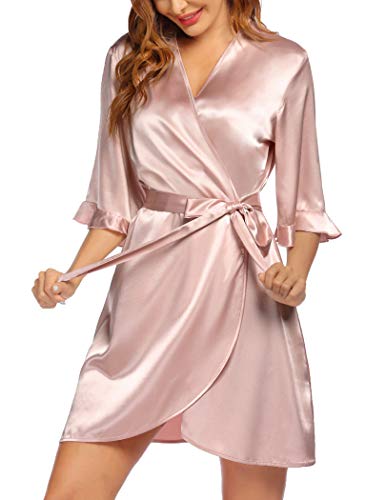 Ekouaer Women's Short Stain Robe Kimono Bathrobe Silk Soft Robe with V-Neck Short Silky Kimono XLarge