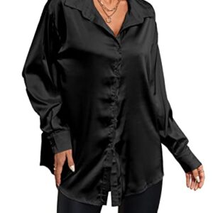 LYANER Women's Satin Silk Collar V Neck Button Down Long Sleeve Blouse Shirt Top Black X-Large