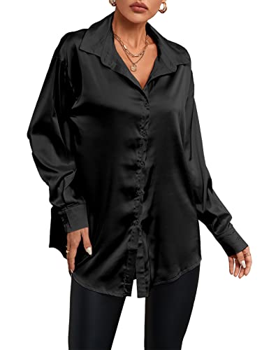 LYANER Women's Satin Silk Collar V Neck Button Down Long Sleeve Blouse Shirt Top Black X-Large