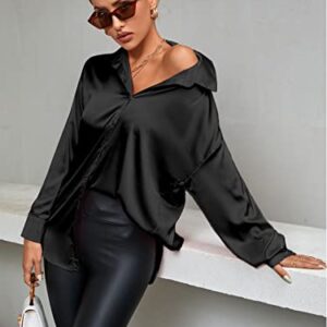 LYANER Women's Satin Silk Collar V Neck Button Down Long Sleeve Blouse Shirt Top Black X-Large