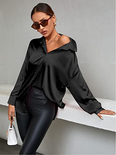 LYANER Women's Satin Silk Collar V Neck Button Down Long Sleeve Blouse Shirt Top Black X-Large