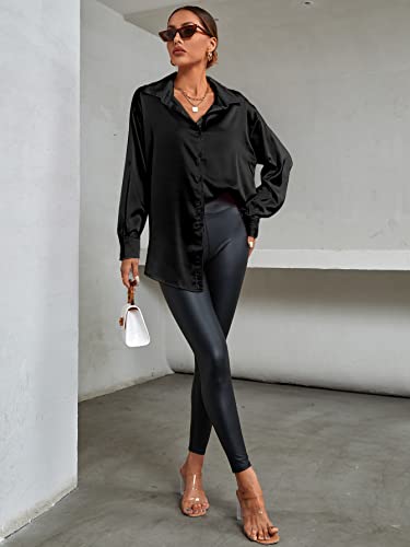 LYANER Women's Satin Silk Collar V Neck Button Down Long Sleeve Blouse Shirt Top Black X-Large