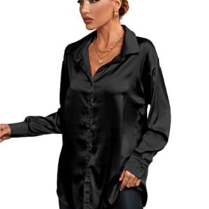 LYANER Women's Satin Silk Collar V Neck Button Down Long Sleeve Blouse Shirt Top Black X-Large