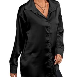 LYANER Women's Satin Silk Collar V Neck Button Down Long Sleeve Blouse Shirt Top Black X-Large