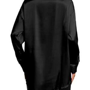 LYANER Women's Satin Silk Collar V Neck Button Down Long Sleeve Blouse Shirt Top Black X-Large