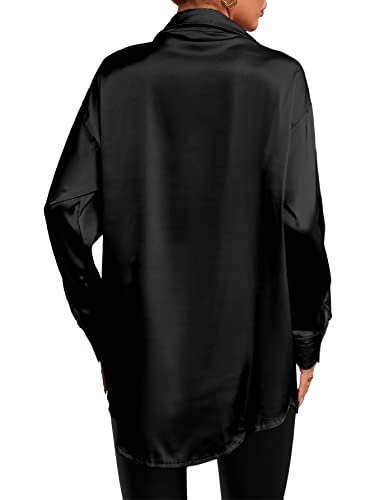 LYANER Women's Satin Silk Collar V Neck Button Down Long Sleeve Blouse Shirt Top Black X-Large