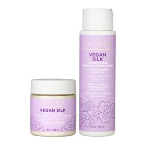 pacifica beauty vegan silk shampoo + conditioner set, vanilla, almond oil, shea butter, vitamin b for dry and damaged hair, hydration, shine, silky smooth, clean hair care, 20 oz
