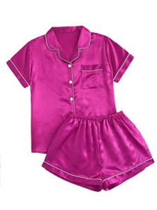 sweatyrocks women’s short sleeve sleepwear button down satin 2 piece pajama set hot pink medium