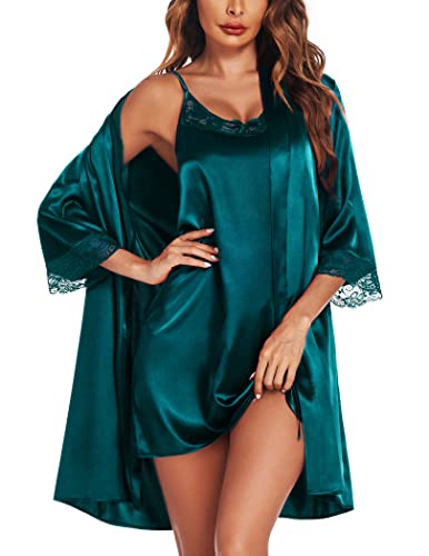 Ekouaer Womens Silk Nightwear Lingerie Nightgown Lace Pajamas Set with Robe Satin Cami Nightdress