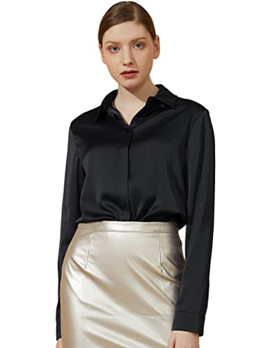 Escalier Women's Satin Silk Long Sleeve Button Down Shirt Casual Work Office Silky Blouse Top (Black, Small)