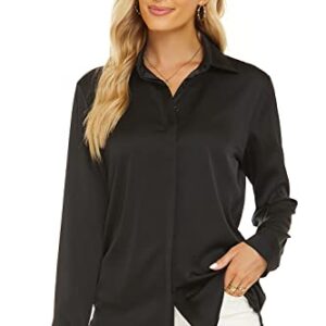 Escalier Women's Satin Silk Long Sleeve Button Down Shirt Casual Work Office Silky Blouse Top (Black, Small)