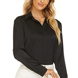 Escalier Women's Satin Silk Long Sleeve Button Down Shirt Casual Work Office Silky Blouse Top (Black, Small)