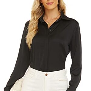 Escalier Women's Satin Silk Long Sleeve Button Down Shirt Casual Work Office Silky Blouse Top (Black, Small)