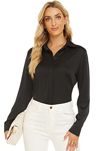 Escalier Women's Satin Silk Long Sleeve Button Down Shirt Casual Work Office Silky Blouse Top (Black, Small)