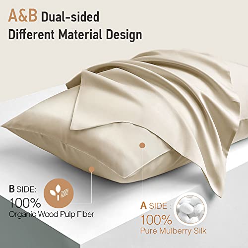 Silk Pillowcase 2 Pack for Hair and Skin,22 Momme 100% Mulberry Silk & Natural Wood Pulp Fiber Grade 6A Dual-Sided Silk Pillow Cases with Hidden Zipper,600 Thread Count(Champagne,Standard 20"x26")