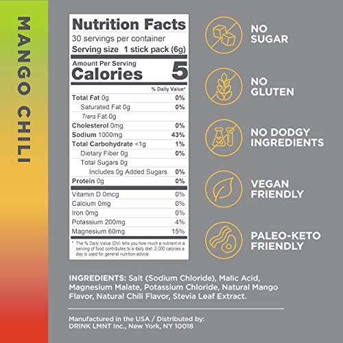 LMNT Keto Electrolyte Powder Packets | Paleo Hydration Powder | No Sugar, No Artificial Ingredients | Mango Chili | 30 Stick Packs