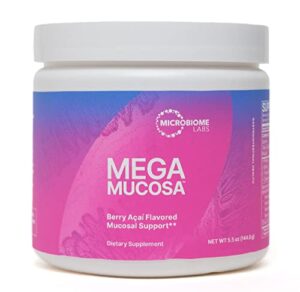 microbiome labs megamucosa – gi lining powder supplement – gut lining & immune support with immunoglobulins & amino acids – berry acai flavor powder for adults, children & teens (5.5 oz)
