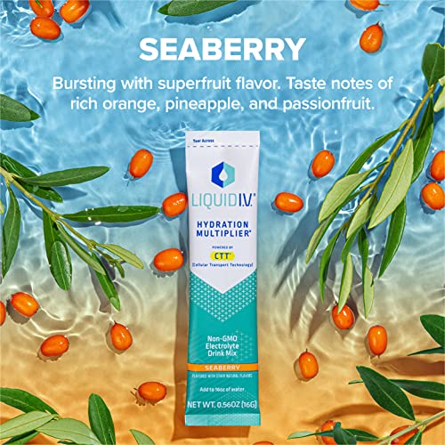 Liquid I.V. Hydration Multiplier - Seaberry - Hydration Powder Packets | Electrolyte Drink Mix | Easy Open Single-Serving Stick | Non-GMO | 16 Sticks