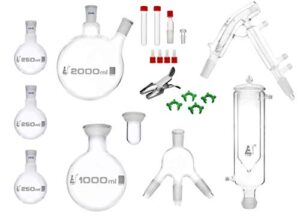short path distillation set, 21 piece – astm type i, class a – borosilicate 3.3 glass – glassware only – eisco labs