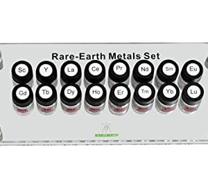 Rare Earths Metals Set 16 Elements Scandium to Lutetium in Labeled Glass Vial with Acrylic Table