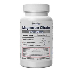 superior labs magnesium citrate – 100% nongmo safe from additives, stearates, gluten and other allergens – powerful dose for sleep, cramps, twitches – 1,250mg citrate, 120 vegetable caps