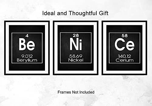 Be Nice Periodic Table of Elements Print, Set of THREE 8"x10" Unframed Inspirational Science Poster, Chemistry Art Ideal for Science Lab, Classroom or Home Decor