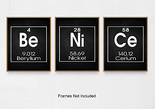 Be Nice Periodic Table of Elements Print, Set of THREE 8"x10" Unframed Inspirational Science Poster, Chemistry Art Ideal for Science Lab, Classroom or Home Decor