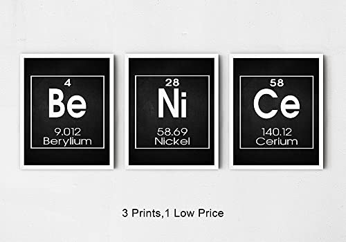 Be Nice Periodic Table of Elements Print, Set of THREE 8"x10" Unframed Inspirational Science Poster, Chemistry Art Ideal for Science Lab, Classroom or Home Decor