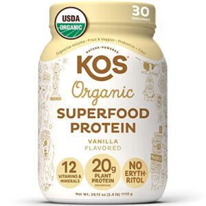 kos vegan protein powder erythritol free, vanilla usda organic – pea protein blend, plant based superfood rich in vitamins & minerals – keto, dairy free – meal replacement for women & men, 30 servings