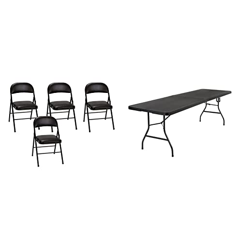 COSCO Deluxe 8 Foot x 30 inch Fold-in-Half Blow Molded Folding Table, Black & COSCO Vinyl Folding Chair, 4 Pack, Black