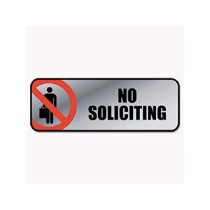 cosco business sign, brushed metallic, no soliciting, 9″ x 3″ (098208)