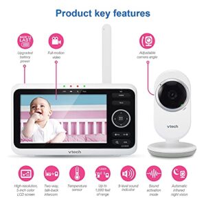 VTech VM350 Video Monitor with Battery Supports 12-hr Video-Mode, 21-hr Audio-Mode, 5" Screen, 1000ft Long Range, Bright Night Vision, 2-Way Talk, Auto-on Screen, Lullabies