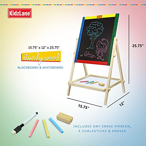 Kidzlane Art Easel for Kids | Wooden Toddler Easel | Double Sided Standing Chalkboard / Dry Erase Board for Kids | Toddler Drawing Board with Accessories | 25.75" Blackboard & Whiteboard for Kids