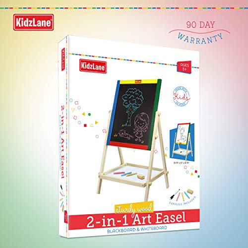 Kidzlane Art Easel for Kids | Wooden Toddler Easel | Double Sided Standing Chalkboard / Dry Erase Board for Kids | Toddler Drawing Board with Accessories | 25.75" Blackboard & Whiteboard for Kids