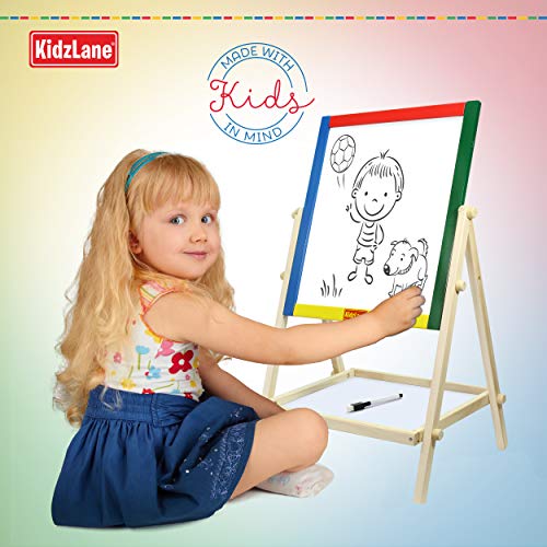 Kidzlane Art Easel for Kids | Wooden Toddler Easel | Double Sided Standing Chalkboard / Dry Erase Board for Kids | Toddler Drawing Board with Accessories | 25.75" Blackboard & Whiteboard for Kids