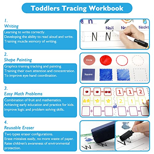 Handwriting Practice Book for kids, Toddlers Preschool Learning Activity 40 Pages Autism Educational Montessori Toys Learn Number Letters Shapes Animal & Sight Words Workbook with 8 Dry Erase Markers