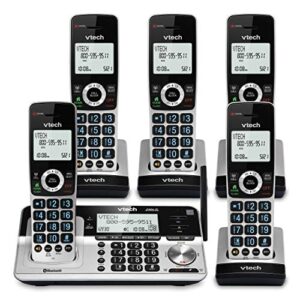 vtech vs113-5 extended range 5 handset cordless phone for home with call blocking, connect to cell bluetooth, 2″ backlit screen, big buttons, and answering system, silver & black