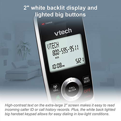 VTech VS113-5 Extended Range 5 Handset Cordless Phone for Home with Call Blocking, Connect to Cell Bluetooth, 2" Backlit Screen, Big Buttons, and Answering System, Silver & Black