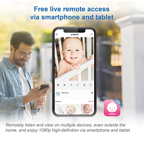 VTech RM9751 Yellow Daisy Smart Wi-Fi Baby Camera, iOS & Android Enabled, 1080p Full HD, Privacy Mode Cover, Night Light, Soothing Sounds & Lullabies, Two-way Intercom,Temperature Sensor, Night Vision