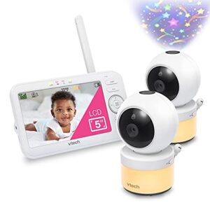 vtech [upgraded] vm5463-2 video baby monitor 5″ lcd with 2 cameras, battery 12 hrs, pan tilt zoom, color night light, glow on the ceiling projection, two-way talk