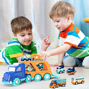 9 Pack Cars Toys for 2 3 4 5 Years Old Toddlers Boys and Girls Gift, Big Transport Truck with 8 Small Cute Pull Back Trucks, Colorful Assorted Vehicles Playset, Carrier Truck with Sound and Light